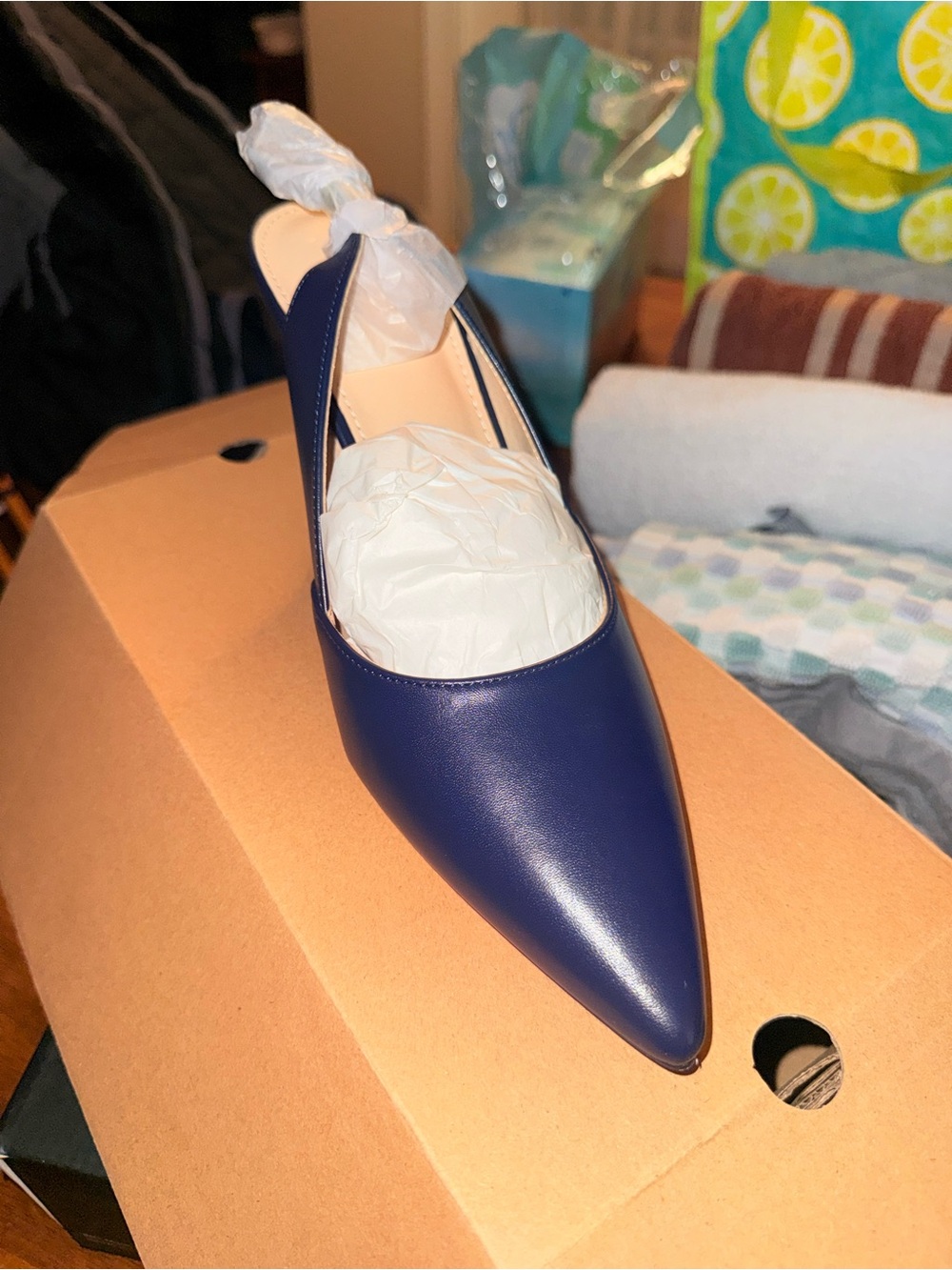 Source Unknown Navy Pointed Toe Slingback Mules